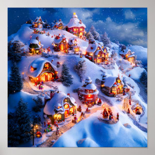 Snowy Hills Whimsical Christmas Village Poster