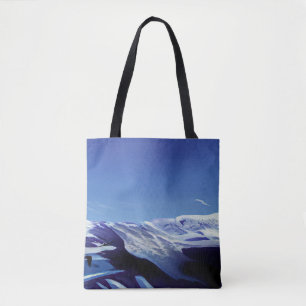 Snowy hills, winter panorama tote bag