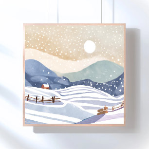 Snowy Hillside   Watercolor Winter Poster