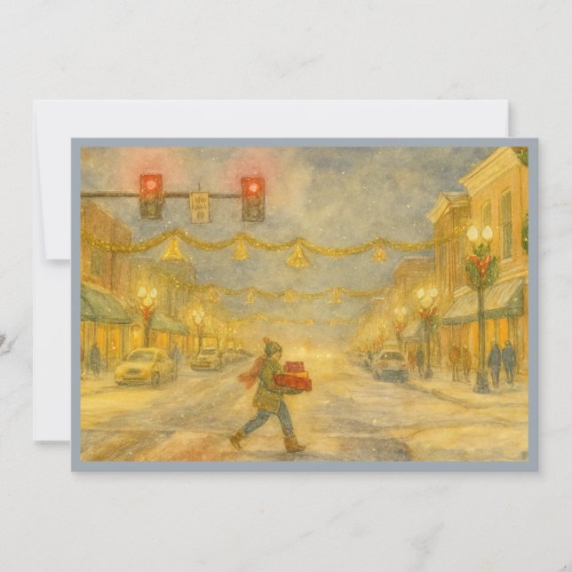 Snowy Holiday Downtown Scene Holiday Card (Front)