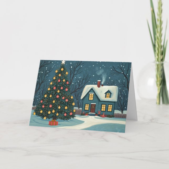 Snowy Houses & Lit Christmas Trees Card (Front)