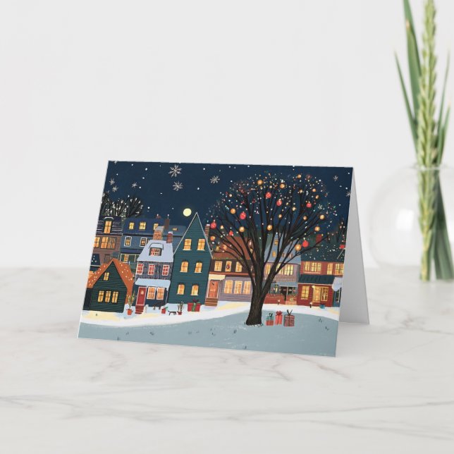 Snowy Houses with Christmas Lights Card (Front)