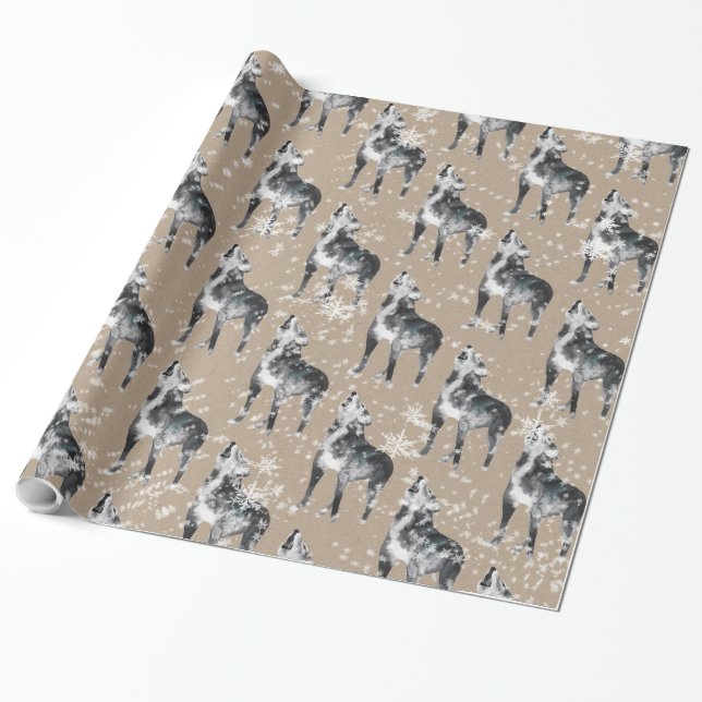 Snowy Howling Winter Wolf Kraft Paper Wrapping (Unrolled)