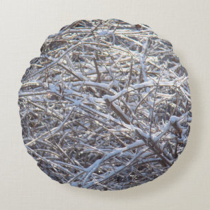 Snowy Ice Branches in Winter Round Cushion