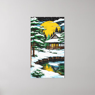 Snowy Japanese Cottage By Moonlit Sunset Canvas Print