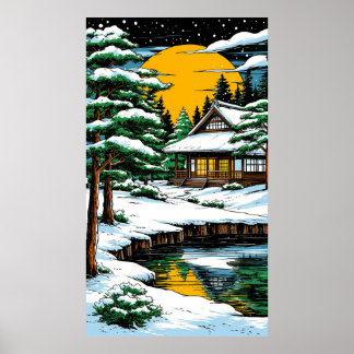 Snowy Japanese Cottage By Moonlit Sunset Poster