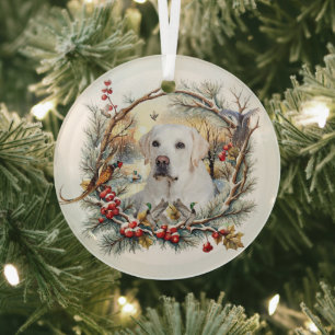 Snowy Labrador Retriever Holiday Glass Tree Decoration