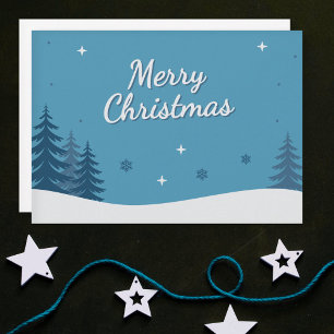 Snowy Landscape & Fir Trees - Blue Merry Christmas Holiday Card