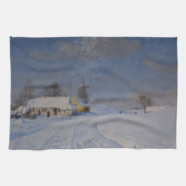 Snowy Landscape in Winter (by H.A. Brendekilde) Tea Towel (Horizontal)
