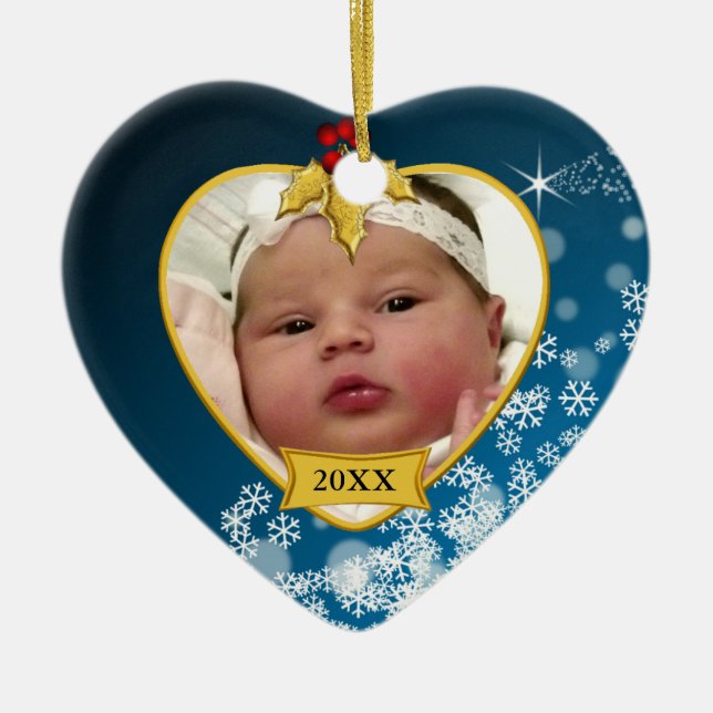 Snowy Light Blue Baby's First Christmas Photo Ceramic Tree Decoration (Front)