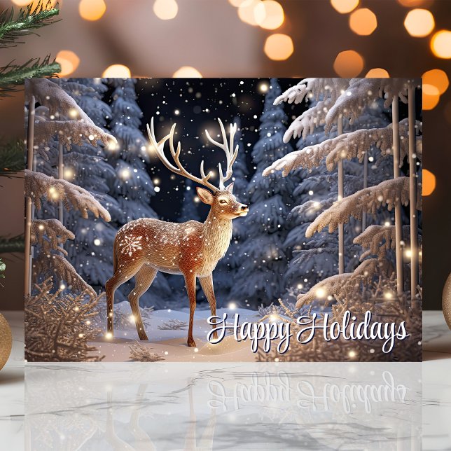 Snowy Lit Trees Glitter Christmas Forest Reindeer Holiday Card (Creator Uploaded)