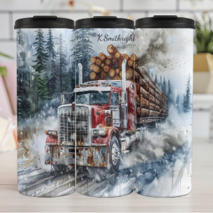 Snowy Log Truck Winter Haul Thermal Tumbler