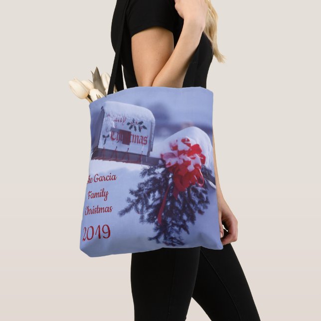 Snowy mailbox, pine bough, red bow, berries Family Tote Bag (Close Up)