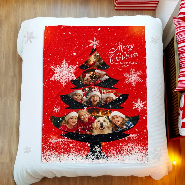 Snowy Merry Christmas Family Photo Tree Fleece Blanket (Creator Uploaded)