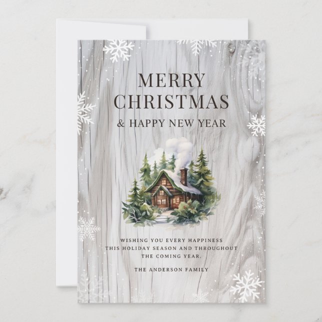 Snowy Merry Christmas Log Cabin Holiday Card (Front)