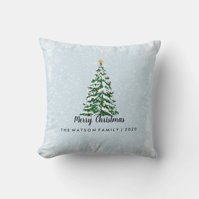 Snowy Merry Christmas Tree Pillow Light Blue (Front)