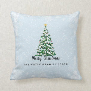 Snowy Merry Christmas Tree Pillow Light Blue