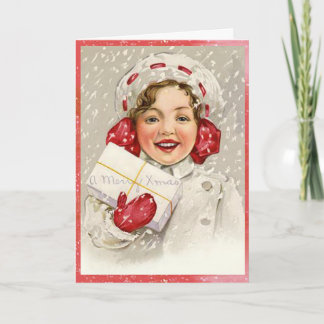 Snowy Merry Christmas Vintage Girl Holiday Card