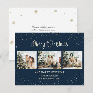 Snowy Modern Blue Photo Collage Christmas Cards