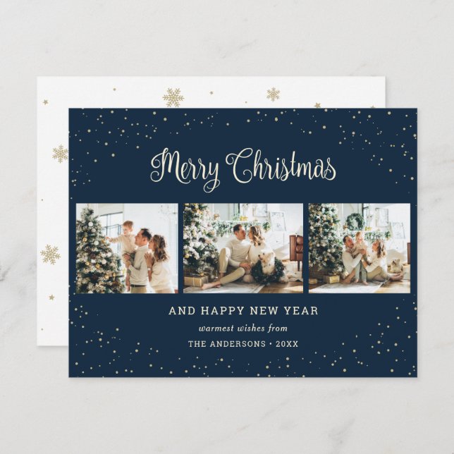 Snowy Modern Blue Photo Collage Christmas Cards (Front/Back)