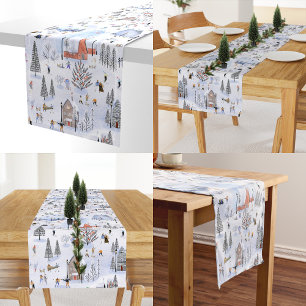 Snowy Mountain Alpine Ski Village Medium Table Runner