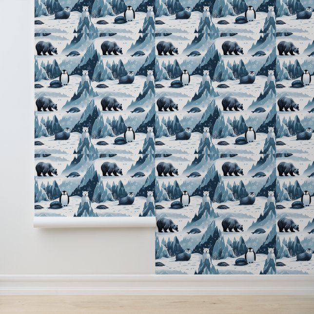 Snowy Mountain Arctic Wildlife Peel and Stick  Wallpaper (Application)