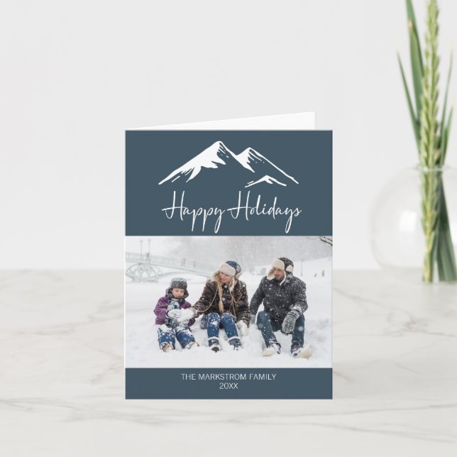 Snowy Mountain Blue Happy Holidays Photo Christmas Holiday Card (Front)