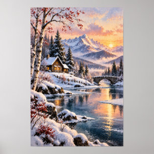 Snowy Mountain Cabin and Stone Bridge Sunset Wall Poster