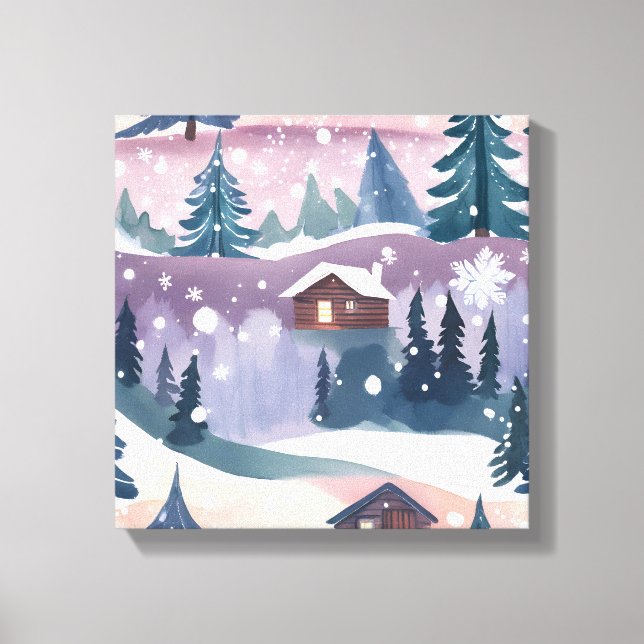 Snowy Mountain Cabin Watercolor Canvas Print (Front)