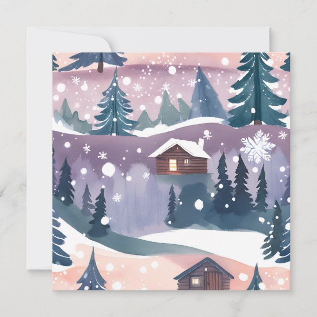 Snowy Mountain Cabin Watercolor Holiday Card (Front)