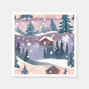 Snowy Mountain Cabin Watercolor Napkin