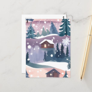Snowy Mountain Cabin Watercolor Postcard