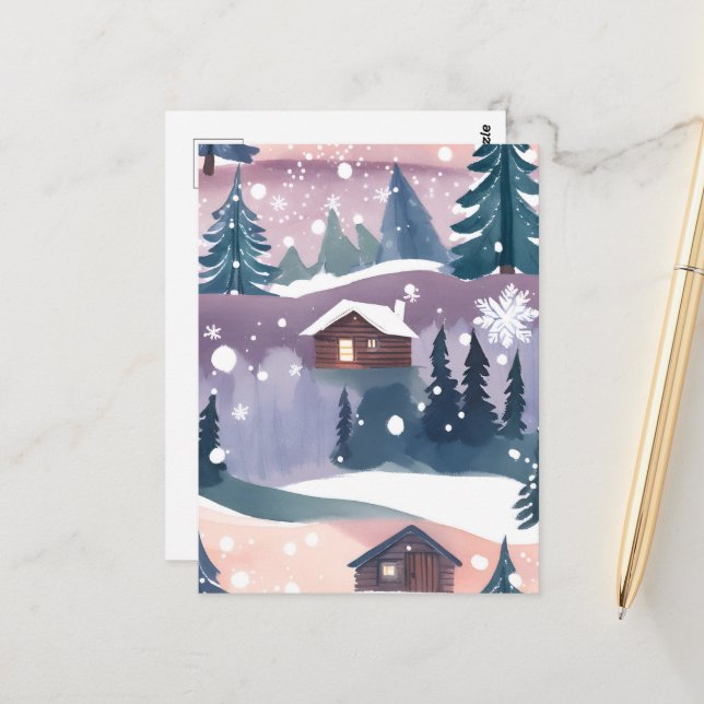 Snowy Mountain Cabin Watercolor Postcard (Front/Back In Situ)