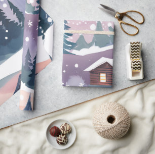 Snowy Mountain Cabin Watercolor Wrapping Paper