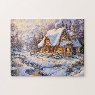 Snowy Mountain Cottage by Stream Jigsaw Puzzle