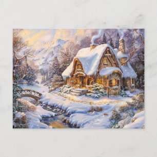 Snowy Mountain Cottage by Stream Postcard