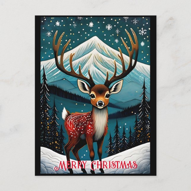 Snowy Mountain Cute Santa Baby Deer Christmas  Postcard (Front)