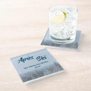 Snowy Mountain Forest Apres Ski Wedding Event Glass Coaster