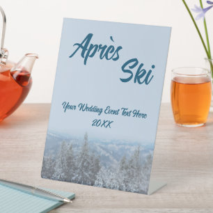 Snowy Mountain Forest Apres Ski Wedding Event Pedestal Sign