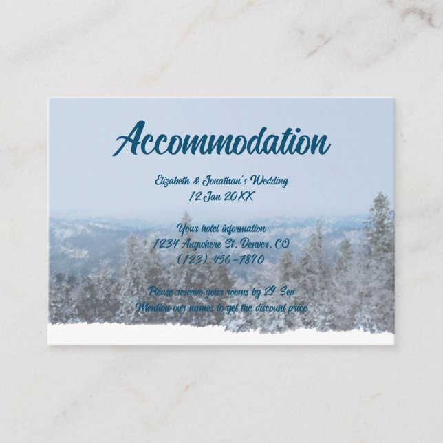 Snowy Mountain Forest Wedding Accommodation Enclosure Card (Front)