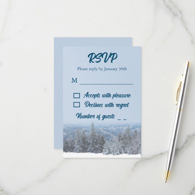 Snowy Mountain Forest Wedding RSVP Card (Front/Back In Situ)