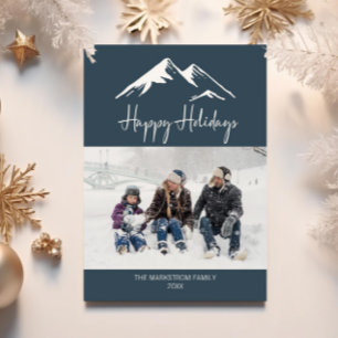 Snowy Mountain Happy Holidays Blue Photo Christmas Holiday Card