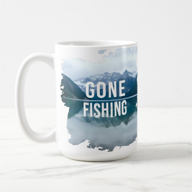Snowy Mountain Lake Gone Fishing Coffee Mug (Left)
