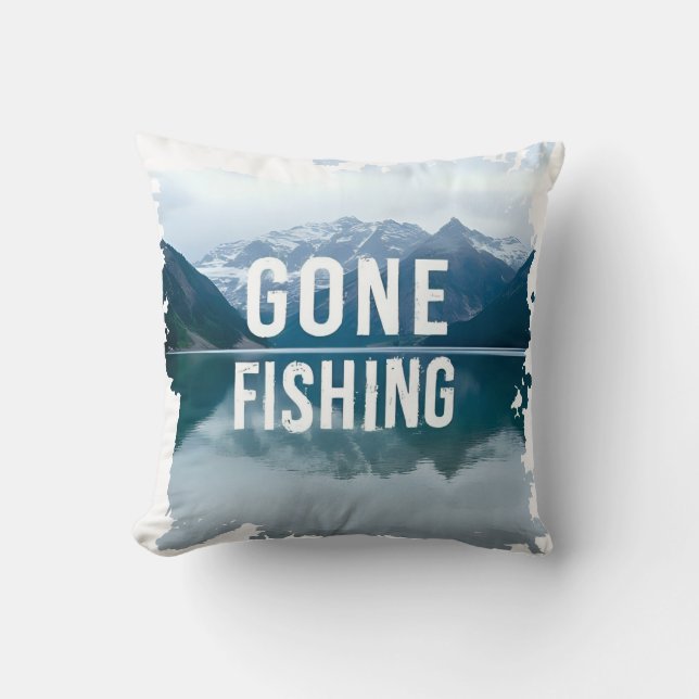 Snowy Mountain Lake Gone Fishing Cushion (Front)