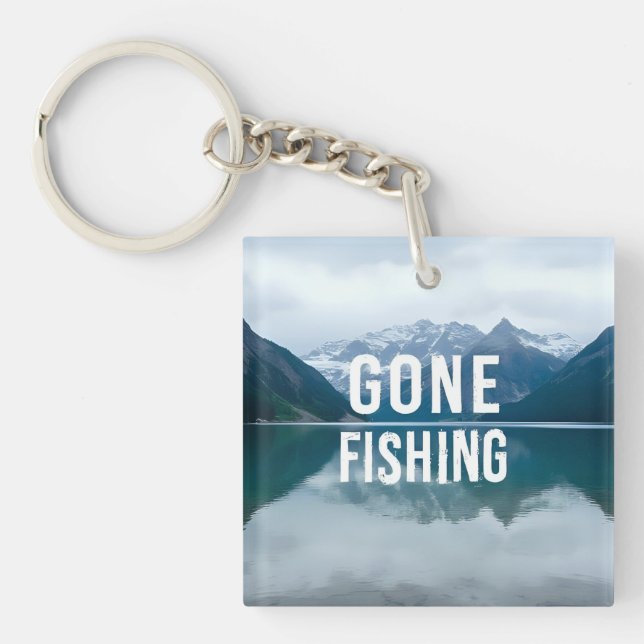Snowy Mountain Lake Gone Fishing Key Ring (Front)