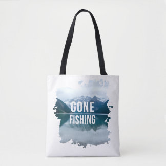 Snowy Mountain Lake Gone Fishing Tote Bag