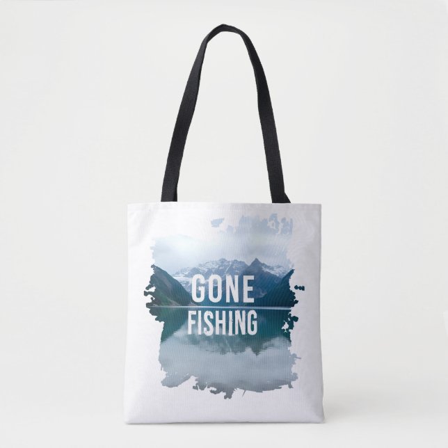 Snowy Mountain Lake Gone Fishing Tote Bag (Front)