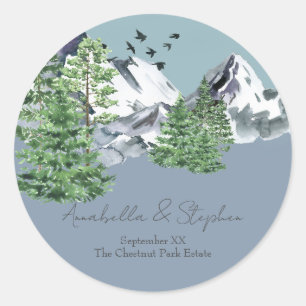 Snowy Mountain Landscape Pine Forest on Dusty Blue Classic Round Sticker
