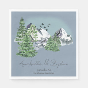 Snowy Mountain Landscape Pine Forest on Dusty Blue Napkin