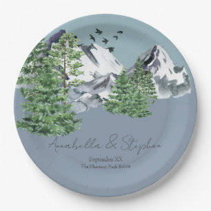 Snowy Mountain Landscape Pine Forest on Dusty Blue Paper Plate